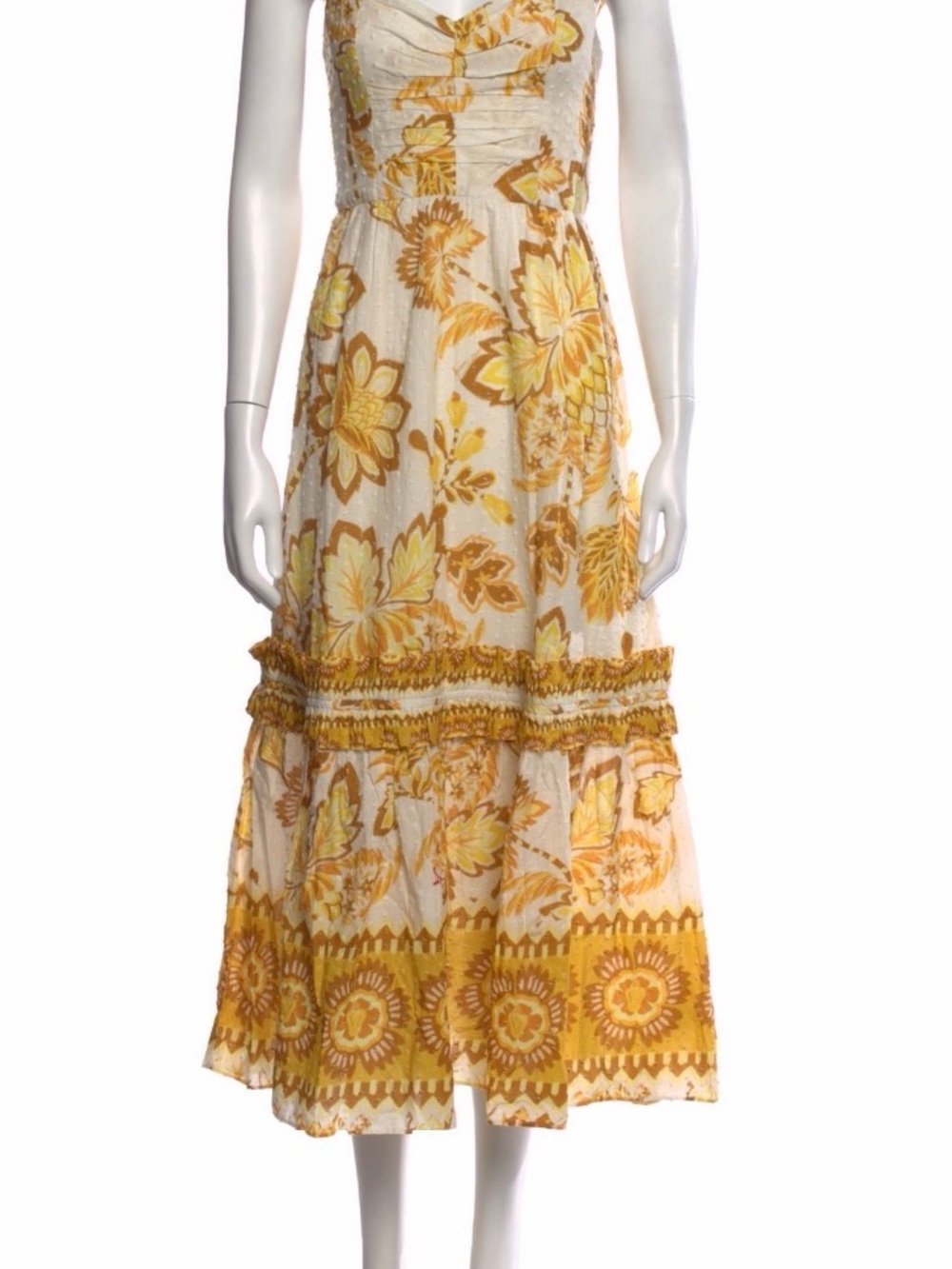 FARM Rio White and Yellow Floral Ruffle-Trim Midi Dress